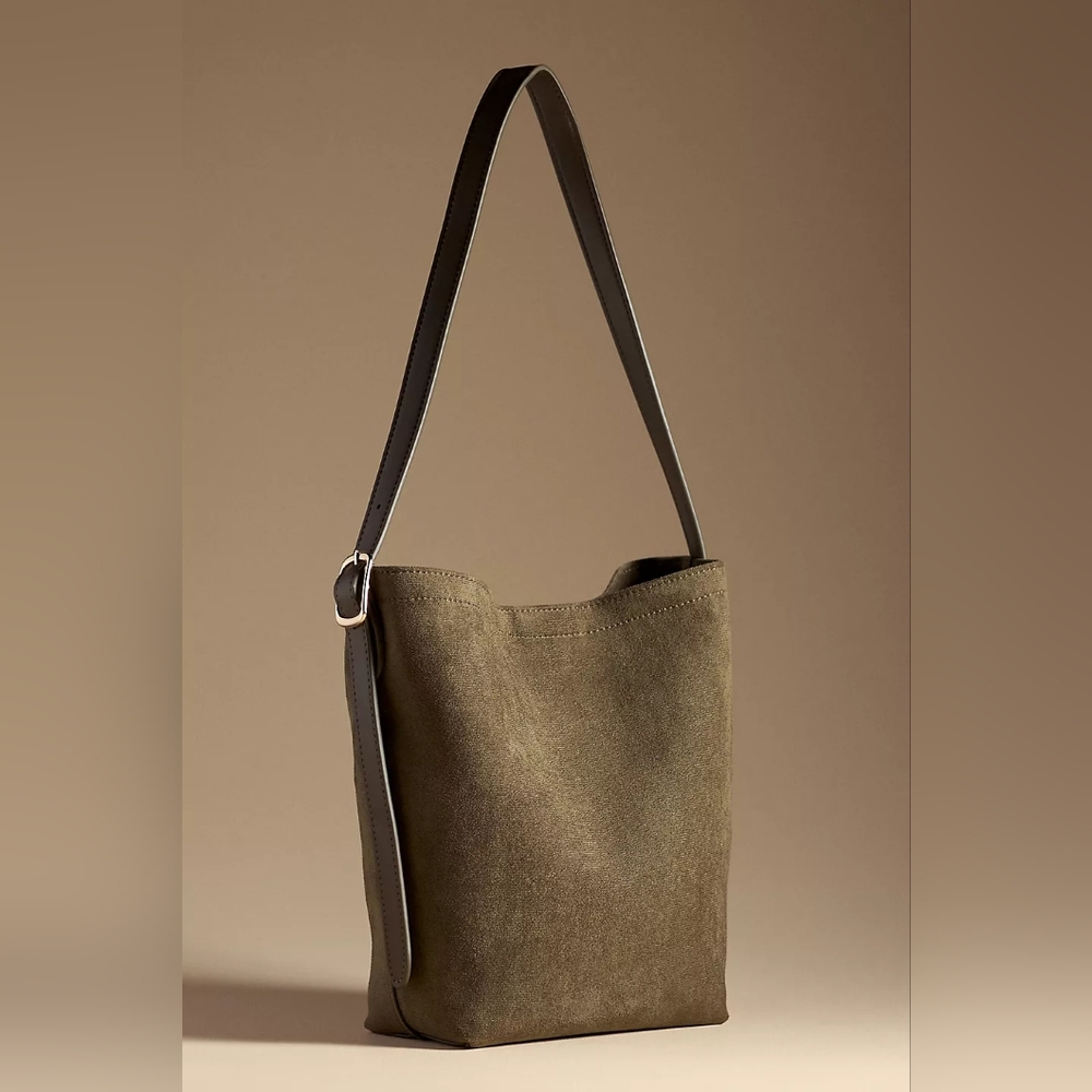 ANTHROPOLOGIE Faux-Suede North South Bucket Bag in Olive Green